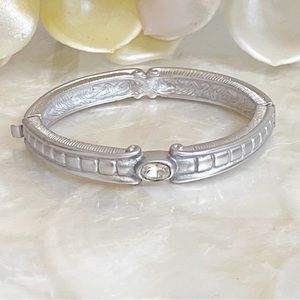 Brushed Silver Tone Oval CZ Oval Hinged Bracelet Simple Elegant